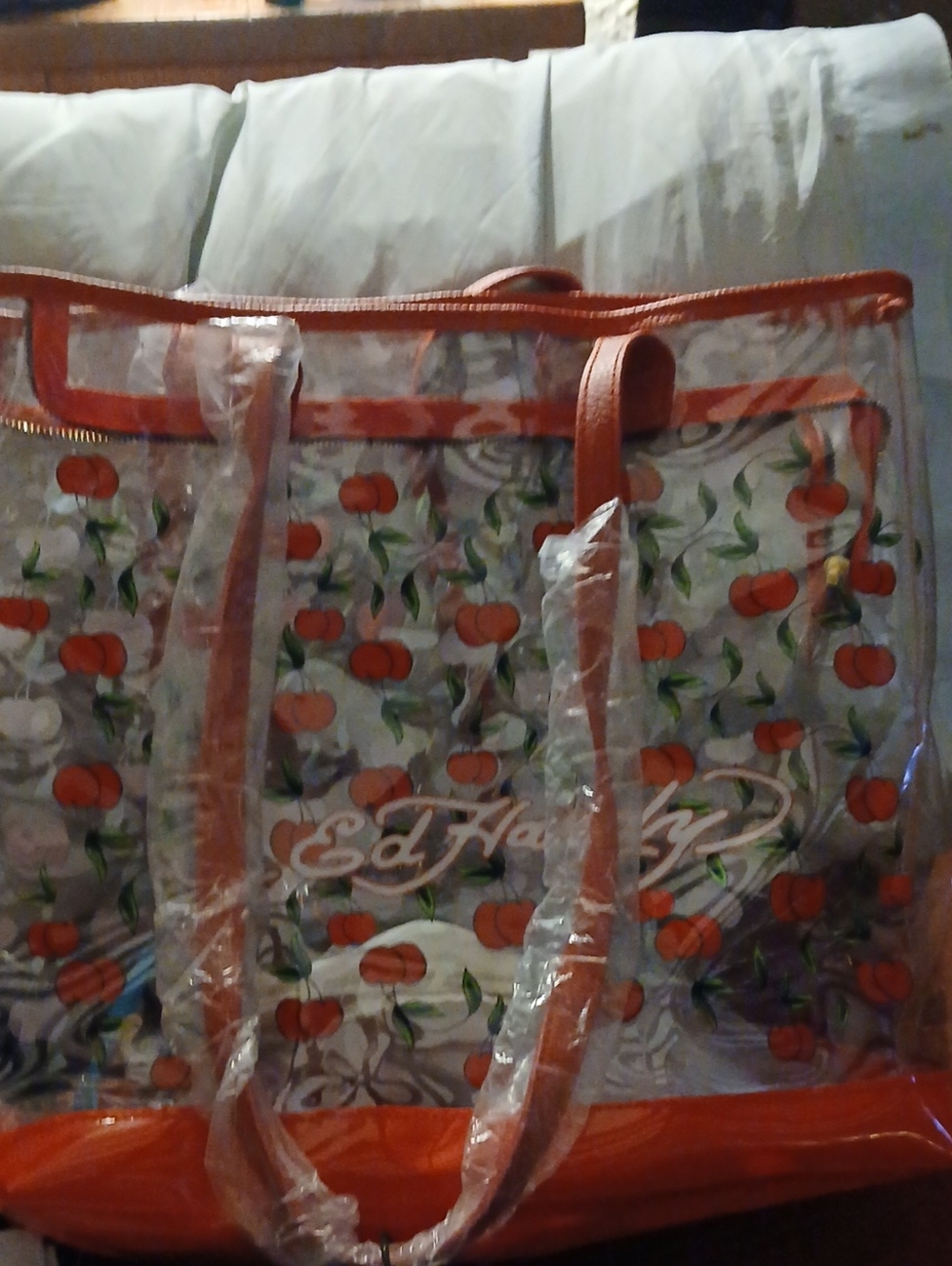 Ed Hardy Clear Cherry Tote Bag with Orange Trim NWT